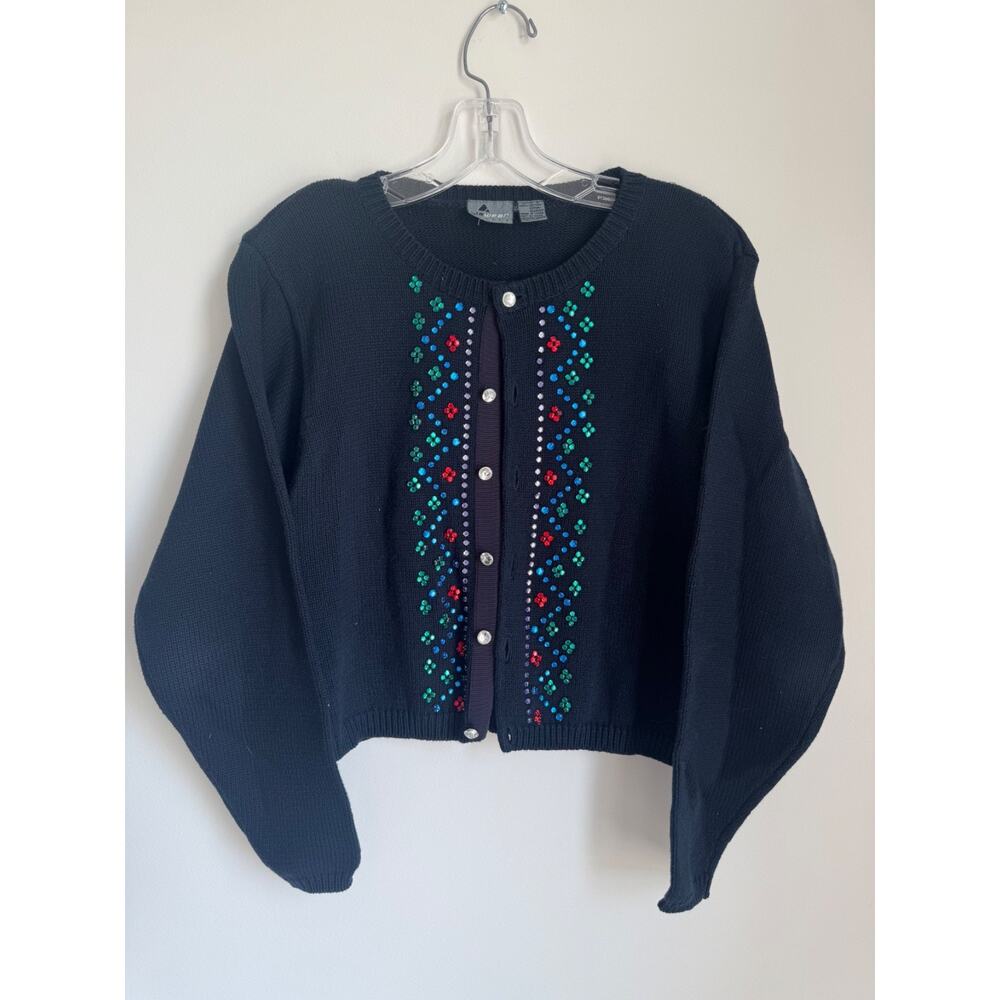 Vtg 90s LizWear Sweater Hand Knit Rhinestone Beaded Cardigan